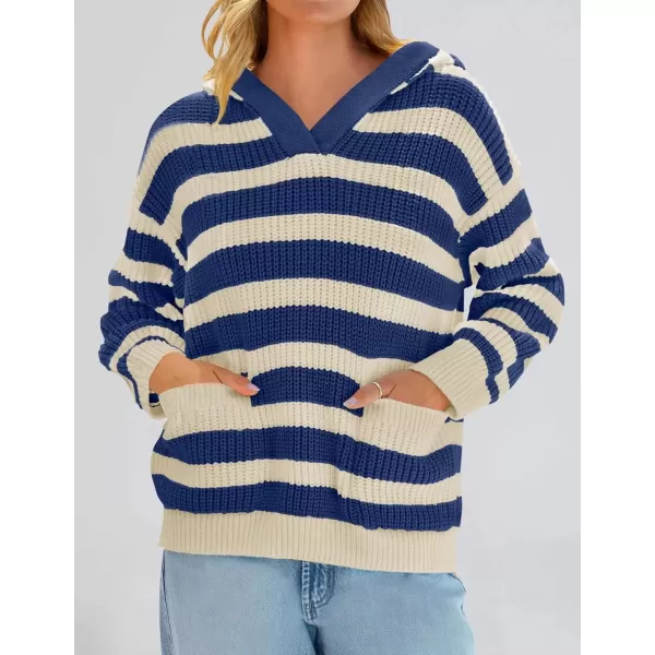 imageZESICA Womens Fall Striped Sweaters 2024 V Neck Ribbed Knit Casual Oversized Pullover Hoodies TopsRoyal Blue