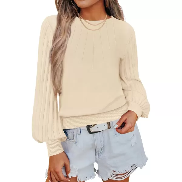 imageZESICA Womens Fall Sweaters 2024 Puff Long Sleeve Crew Neck Solid Color Casual Soft Knit Pullover Tops Trendy ClothesBeige