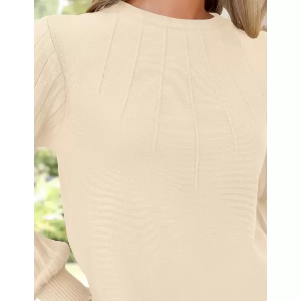 imageZESICA Womens Fall Sweaters 2024 Puff Long Sleeve Crew Neck Solid Color Casual Soft Knit Pullover Tops Trendy ClothesBeige
