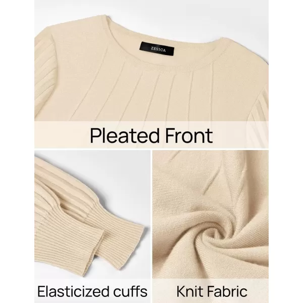 imageZESICA Womens Fall Sweaters 2024 Puff Long Sleeve Crew Neck Solid Color Casual Soft Knit Pullover Tops Trendy ClothesBeige