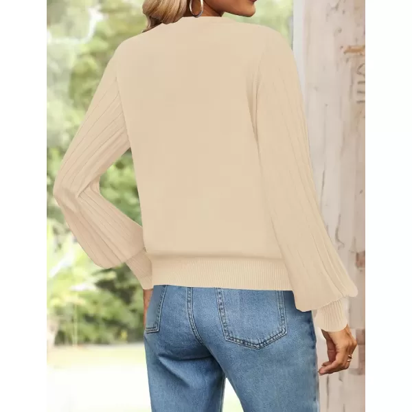 imageZESICA Womens Fall Sweaters 2024 Puff Long Sleeve Crew Neck Solid Color Casual Soft Knit Pullover Tops Trendy ClothesBeige