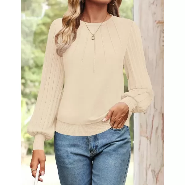 imageZESICA Womens Fall Sweaters 2024 Puff Long Sleeve Crew Neck Solid Color Casual Soft Knit Pullover Tops Trendy ClothesBeige