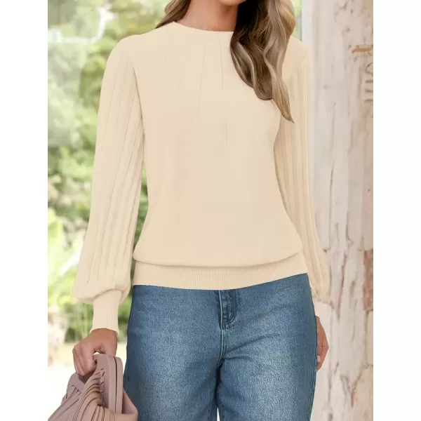 imageZESICA Womens Fall Sweaters 2024 Puff Long Sleeve Crew Neck Solid Color Casual Soft Knit Pullover Tops Trendy ClothesBeige