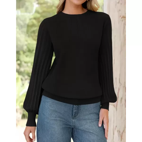 imageZESICA Womens Fall Sweaters 2024 Puff Long Sleeve Crew Neck Solid Color Casual Soft Knit Pullover Tops Trendy ClothesBlack