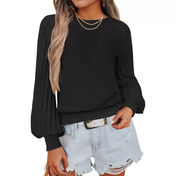 imageZESICA Womens Fall Sweaters 2024 Puff Long Sleeve Crew Neck Solid Color Casual Soft Knit Pullover Tops Trendy ClothesBlack