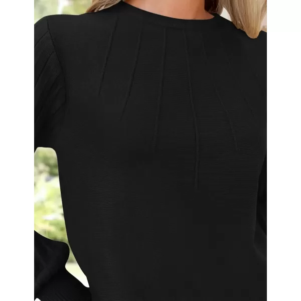 imageZESICA Womens Fall Sweaters 2024 Puff Long Sleeve Crew Neck Solid Color Casual Soft Knit Pullover Tops Trendy ClothesBlack