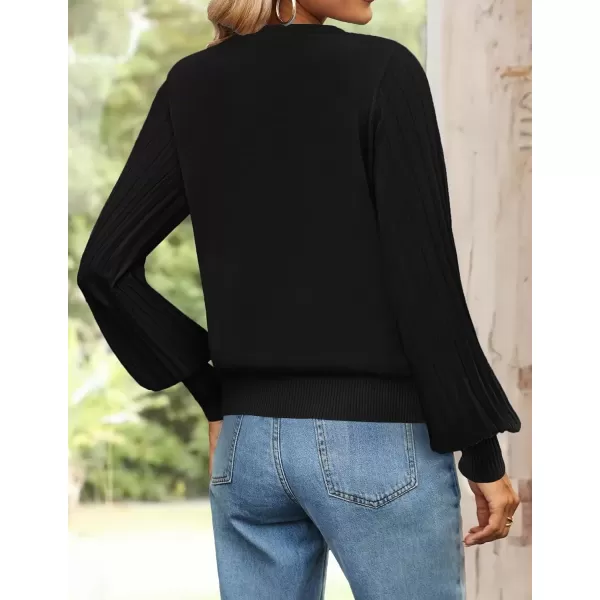 imageZESICA Womens Fall Sweaters 2024 Puff Long Sleeve Crew Neck Solid Color Casual Soft Knit Pullover Tops Trendy ClothesBlack