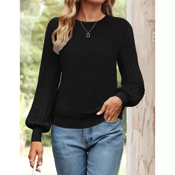 imageZESICA Womens Fall Sweaters 2024 Puff Long Sleeve Crew Neck Solid Color Casual Soft Knit Pullover Tops Trendy ClothesBlack