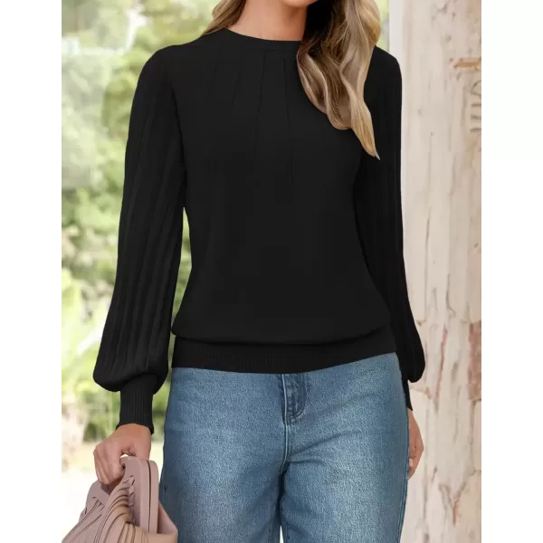 imageZESICA Womens Fall Sweaters 2024 Puff Long Sleeve Crew Neck Solid Color Casual Soft Knit Pullover Tops Trendy ClothesBlack