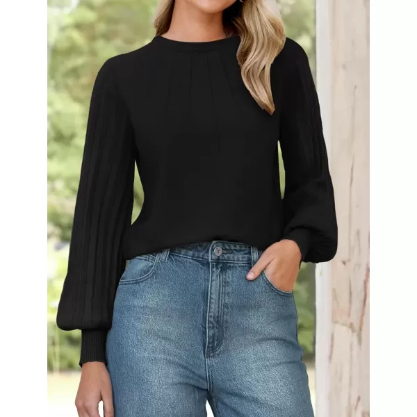 imageZESICA Womens Fall Sweaters 2024 Puff Long Sleeve Crew Neck Solid Color Casual Soft Knit Pullover Tops Trendy ClothesBlack