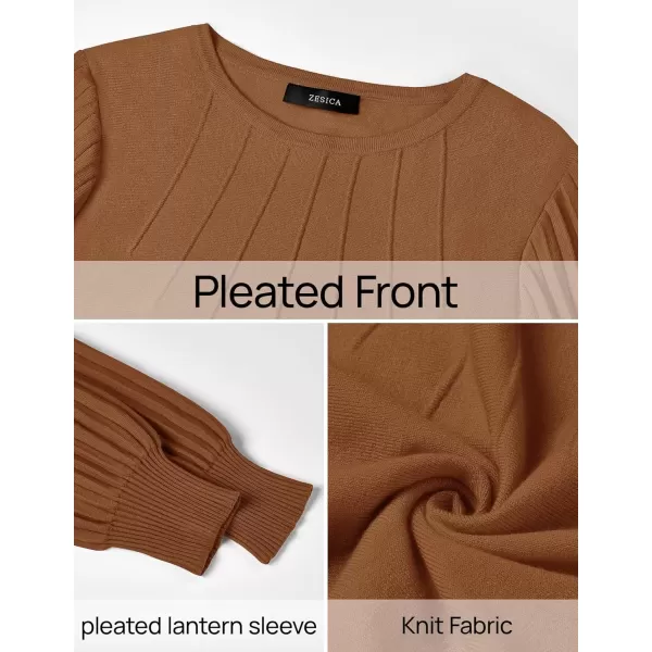 imageZESICA Womens Fall Sweaters 2024 Puff Long Sleeve Crew Neck Solid Color Casual Soft Knit Pullover Tops Trendy ClothesCaramel