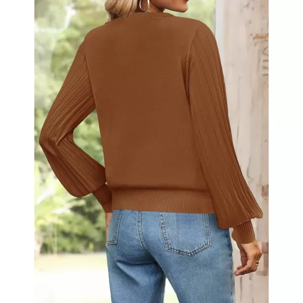 imageZESICA Womens Fall Sweaters 2024 Puff Long Sleeve Crew Neck Solid Color Casual Soft Knit Pullover Tops Trendy ClothesCaramel