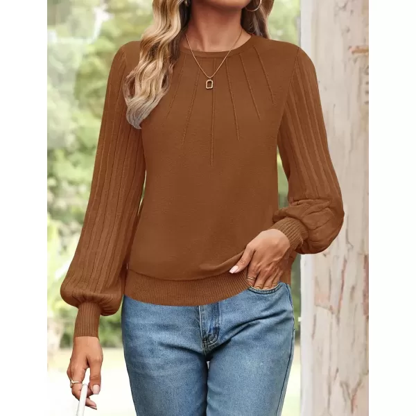 imageZESICA Womens Fall Sweaters 2024 Puff Long Sleeve Crew Neck Solid Color Casual Soft Knit Pullover Tops Trendy ClothesCaramel