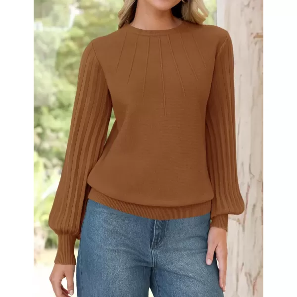 imageZESICA Womens Fall Sweaters 2024 Puff Long Sleeve Crew Neck Solid Color Casual Soft Knit Pullover Tops Trendy ClothesCaramel