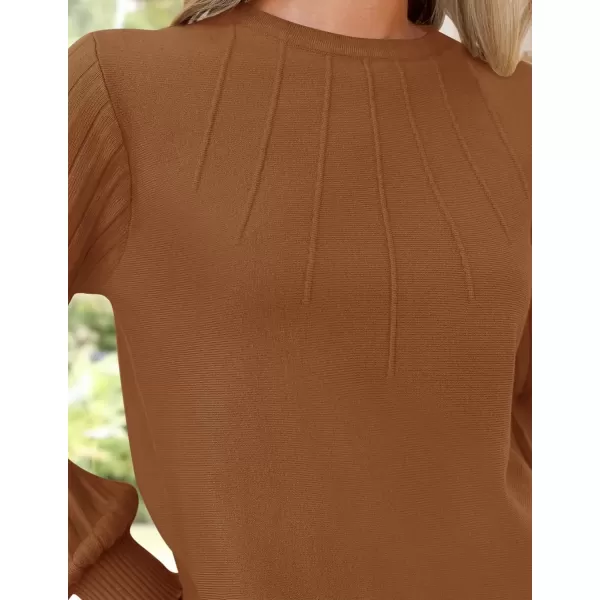 imageZESICA Womens Fall Sweaters 2024 Puff Long Sleeve Crew Neck Solid Color Casual Soft Knit Pullover Tops Trendy ClothesCaramel