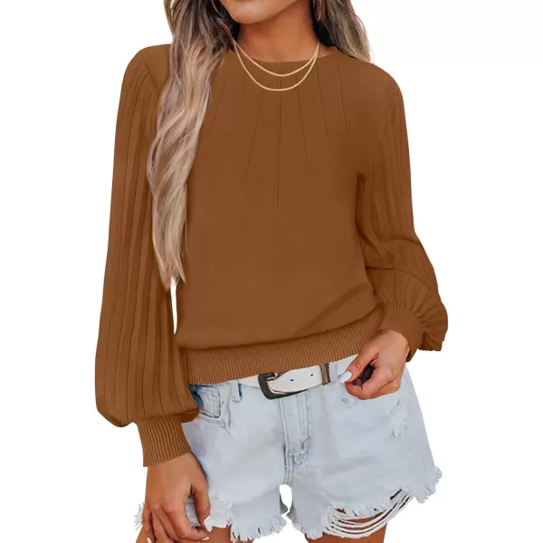 imageZESICA Womens Fall Sweaters 2024 Puff Long Sleeve Crew Neck Solid Color Casual Soft Knit Pullover Tops Trendy ClothesCaramel