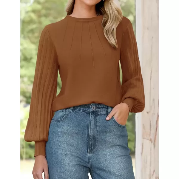 imageZESICA Womens Fall Sweaters 2024 Puff Long Sleeve Crew Neck Solid Color Casual Soft Knit Pullover Tops Trendy ClothesCaramel