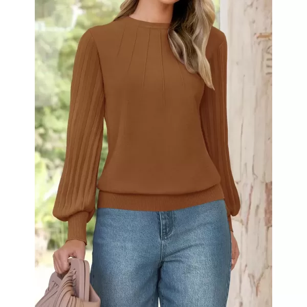 imageZESICA Womens Fall Sweaters 2024 Puff Long Sleeve Crew Neck Solid Color Casual Soft Knit Pullover Tops Trendy ClothesCaramel