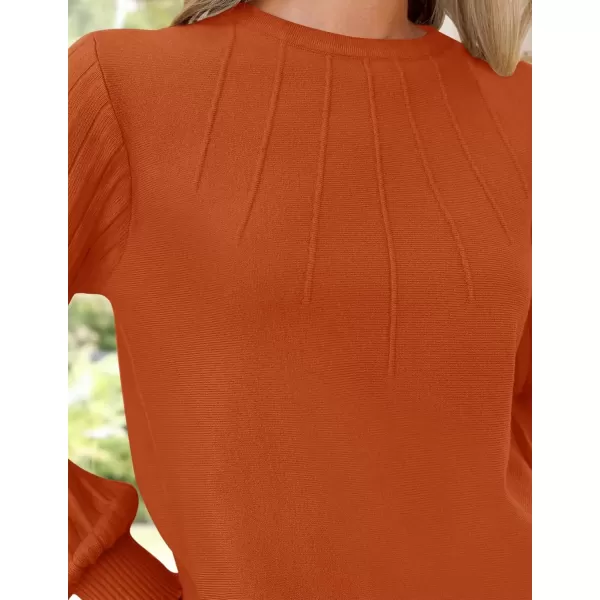 imageZESICA Womens Fall Sweaters 2024 Puff Long Sleeve Crew Neck Solid Color Casual Soft Knit Pullover Tops Trendy ClothesDarkorange