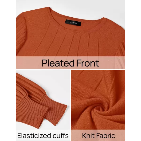 imageZESICA Womens Fall Sweaters 2024 Puff Long Sleeve Crew Neck Solid Color Casual Soft Knit Pullover Tops Trendy ClothesDarkorange