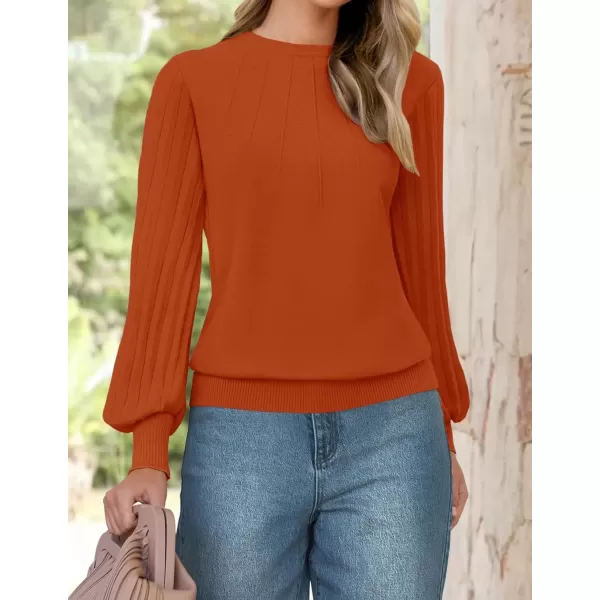 imageZESICA Womens Fall Sweaters 2024 Puff Long Sleeve Crew Neck Solid Color Casual Soft Knit Pullover Tops Trendy ClothesDarkorange
