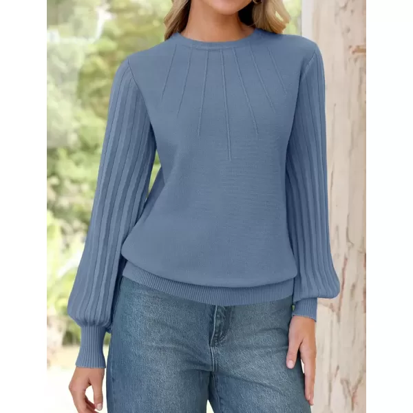 imageZESICA Womens Fall Sweaters 2024 Puff Long Sleeve Crew Neck Solid Color Casual Soft Knit Pullover Tops Trendy ClothesDusty Blue