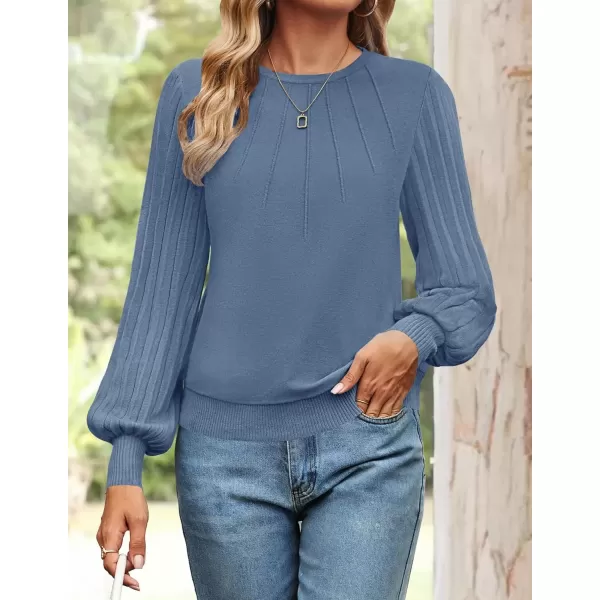 imageZESICA Womens Fall Sweaters 2024 Puff Long Sleeve Crew Neck Solid Color Casual Soft Knit Pullover Tops Trendy ClothesDusty Blue