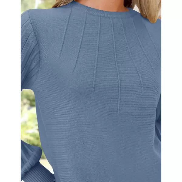imageZESICA Womens Fall Sweaters 2024 Puff Long Sleeve Crew Neck Solid Color Casual Soft Knit Pullover Tops Trendy ClothesDusty Blue