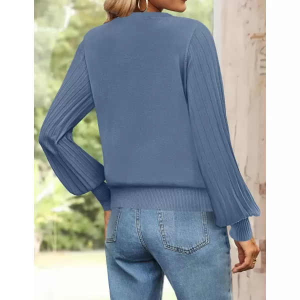 imageZESICA Womens Fall Sweaters 2024 Puff Long Sleeve Crew Neck Solid Color Casual Soft Knit Pullover Tops Trendy ClothesDusty Blue