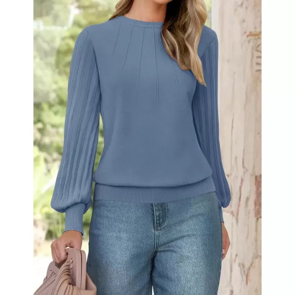 imageZESICA Womens Fall Sweaters 2024 Puff Long Sleeve Crew Neck Solid Color Casual Soft Knit Pullover Tops Trendy ClothesDusty Blue
