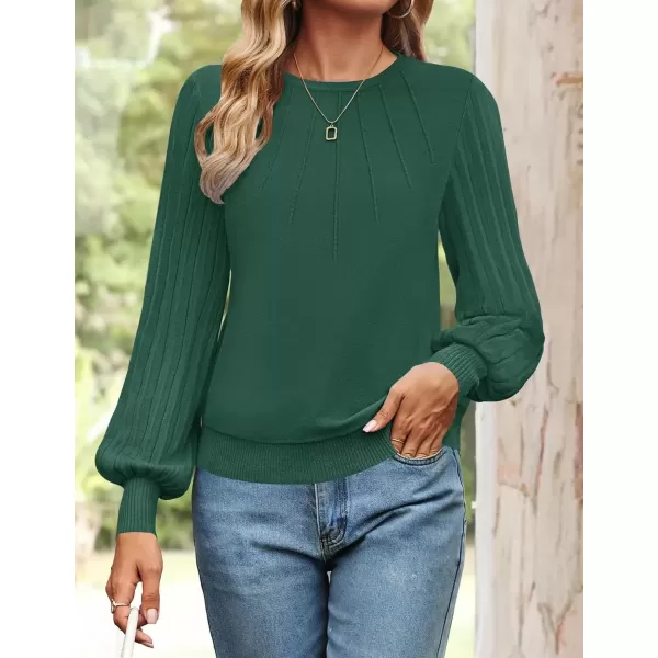 imageZESICA Womens Fall Sweaters 2024 Puff Long Sleeve Crew Neck Solid Color Casual Soft Knit Pullover Tops Trendy ClothesGreen