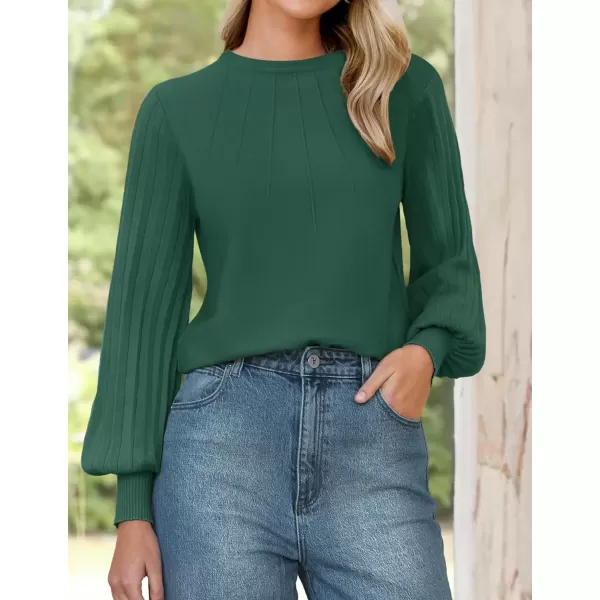 imageZESICA Womens Fall Sweaters 2024 Puff Long Sleeve Crew Neck Solid Color Casual Soft Knit Pullover Tops Trendy ClothesGreen