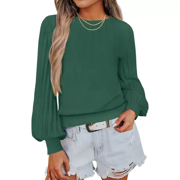 imageZESICA Womens Fall Sweaters 2024 Puff Long Sleeve Crew Neck Solid Color Casual Soft Knit Pullover Tops Trendy ClothesGreen