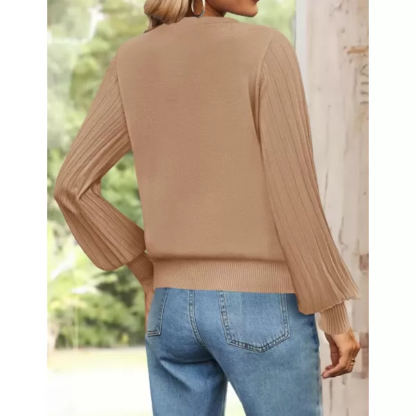 imageZESICA Womens Fall Sweaters 2024 Puff Long Sleeve Crew Neck Solid Color Casual Soft Knit Pullover Tops Trendy ClothesLight Khaki