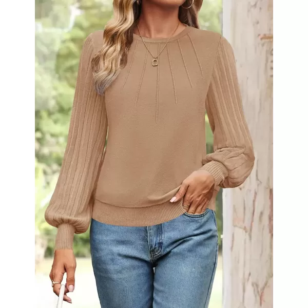 imageZESICA Womens Fall Sweaters 2024 Puff Long Sleeve Crew Neck Solid Color Casual Soft Knit Pullover Tops Trendy ClothesLight Khaki