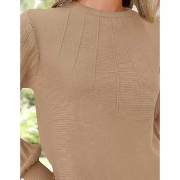imageZESICA Womens Fall Sweaters 2024 Puff Long Sleeve Crew Neck Solid Color Casual Soft Knit Pullover Tops Trendy ClothesLight Khaki