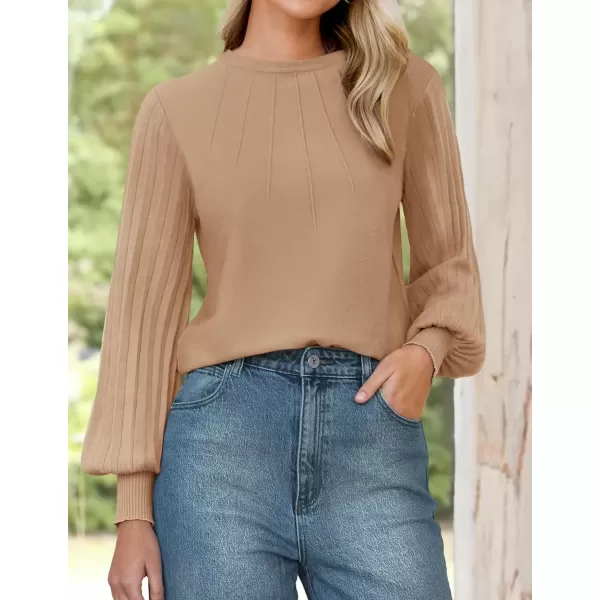 imageZESICA Womens Fall Sweaters 2024 Puff Long Sleeve Crew Neck Solid Color Casual Soft Knit Pullover Tops Trendy ClothesLight Khaki