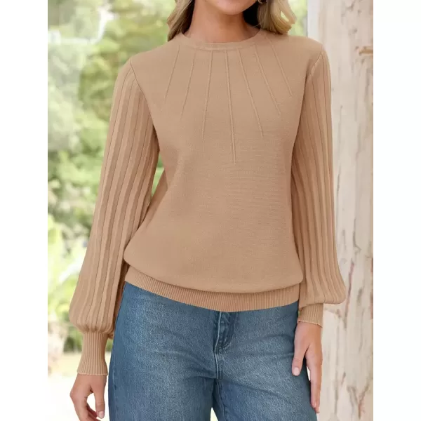 imageZESICA Womens Fall Sweaters 2024 Puff Long Sleeve Crew Neck Solid Color Casual Soft Knit Pullover Tops Trendy ClothesLight Khaki