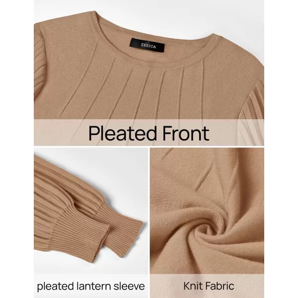 imageZESICA Womens Fall Sweaters 2024 Puff Long Sleeve Crew Neck Solid Color Casual Soft Knit Pullover Tops Trendy ClothesLight Khaki