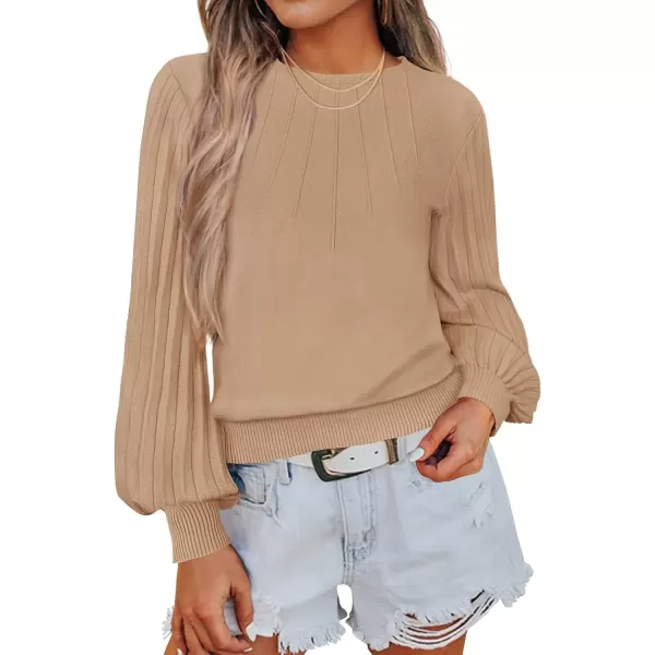 imageZESICA Womens Fall Sweaters 2024 Puff Long Sleeve Crew Neck Solid Color Casual Soft Knit Pullover Tops Trendy ClothesLight Khaki