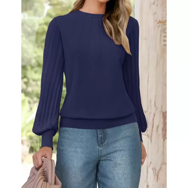 imageZESICA Womens Fall Sweaters 2024 Puff Long Sleeve Crew Neck Solid Color Casual Soft Knit Pullover Tops Trendy ClothesNavy