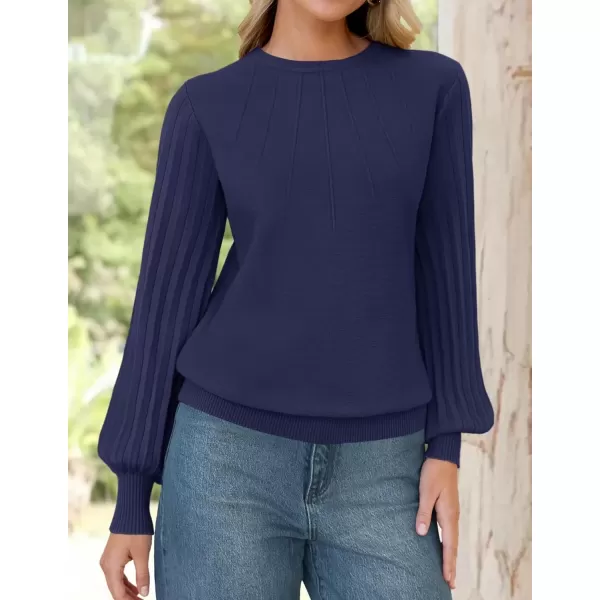 imageZESICA Womens Fall Sweaters 2024 Puff Long Sleeve Crew Neck Solid Color Casual Soft Knit Pullover Tops Trendy ClothesNavy