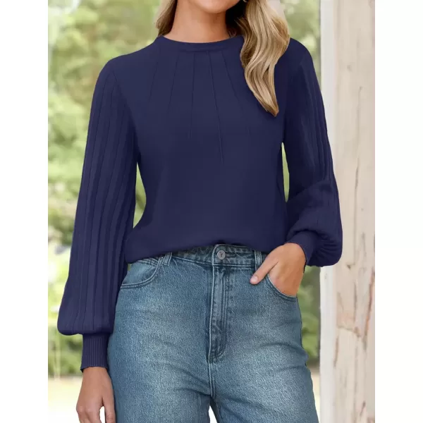 imageZESICA Womens Fall Sweaters 2024 Puff Long Sleeve Crew Neck Solid Color Casual Soft Knit Pullover Tops Trendy ClothesNavy