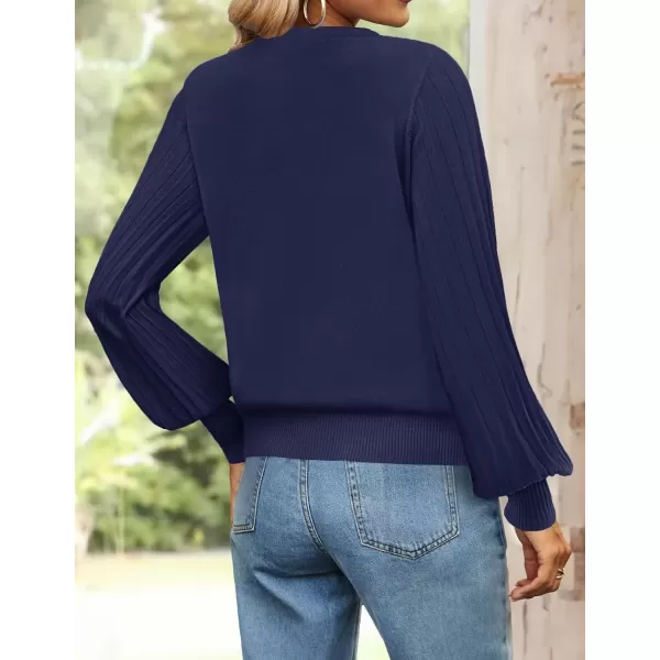 imageZESICA Womens Fall Sweaters 2024 Puff Long Sleeve Crew Neck Solid Color Casual Soft Knit Pullover Tops Trendy ClothesNavy