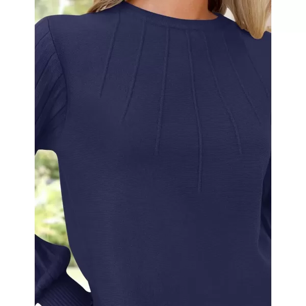 imageZESICA Womens Fall Sweaters 2024 Puff Long Sleeve Crew Neck Solid Color Casual Soft Knit Pullover Tops Trendy ClothesNavy