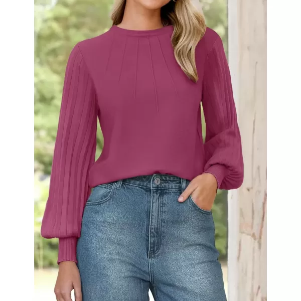 imageZESICA Womens Fall Sweaters 2024 Puff Long Sleeve Crew Neck Solid Color Casual Soft Knit Pullover Tops Trendy ClothesPlum