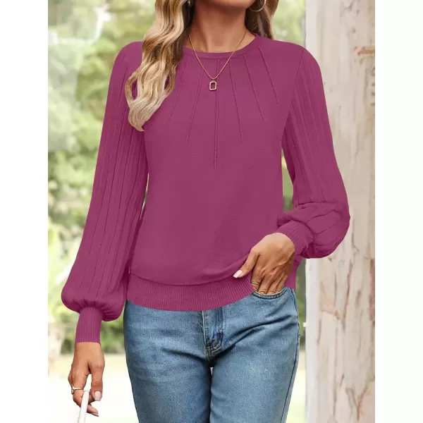 imageZESICA Womens Fall Sweaters 2024 Puff Long Sleeve Crew Neck Solid Color Casual Soft Knit Pullover Tops Trendy ClothesPlum