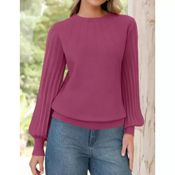 imageZESICA Womens Fall Sweaters 2024 Puff Long Sleeve Crew Neck Solid Color Casual Soft Knit Pullover Tops Trendy ClothesPlum