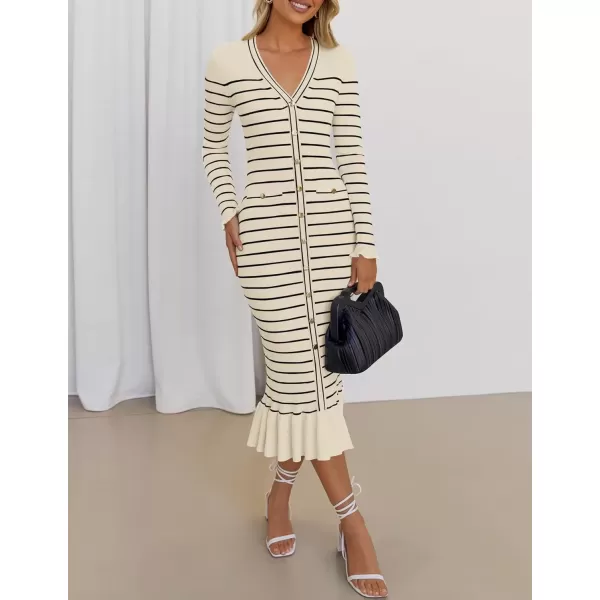 imageZESICA Womens Long Sleeve Sweater Dress 2024 Fall V Neck Striped Button Slim Fit Bodycon Knit Winter DressesApricot