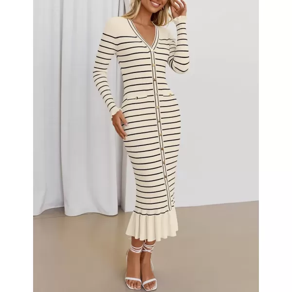 imageZESICA Womens Long Sleeve Sweater Dress 2024 Fall V Neck Striped Button Slim Fit Bodycon Knit Winter DressesApricot